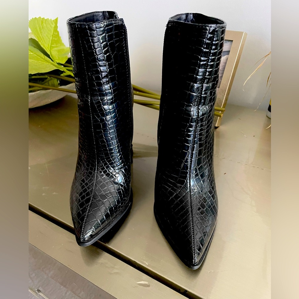 Pretty Little Thing Black Alligator pointed heel boot.